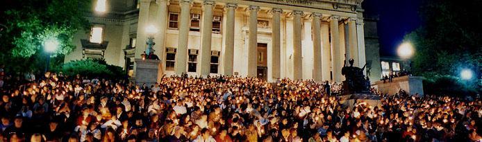 low library and students at night