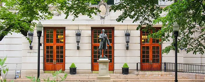 View of Hamilton building and statue