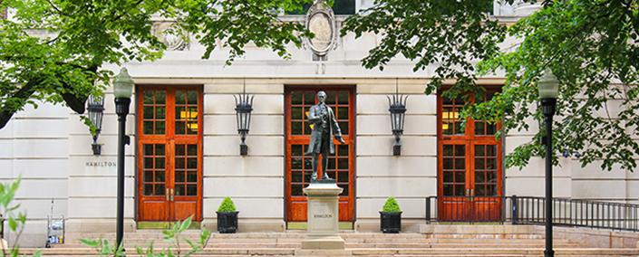 View of Hamilton building and statue